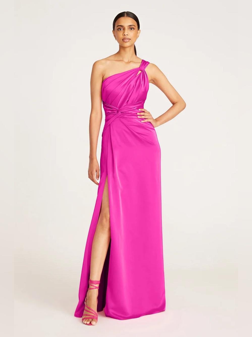 Theia Gloria Twist One-Shoulder Hot Pink Evening Gown